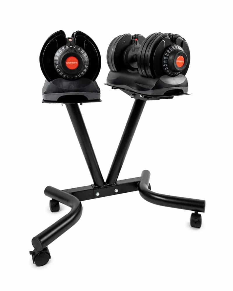 Adjustable Dummbells on the COREFX Adjustable Dumbbell Stand