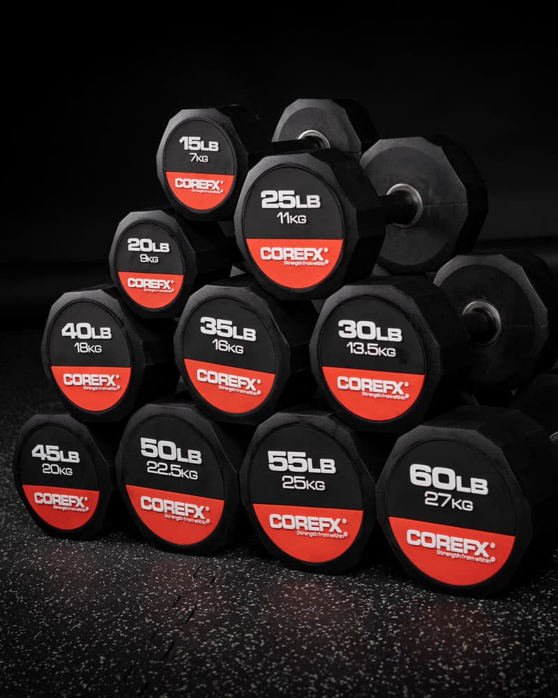 stack of COREFX Rubber Dumbbells