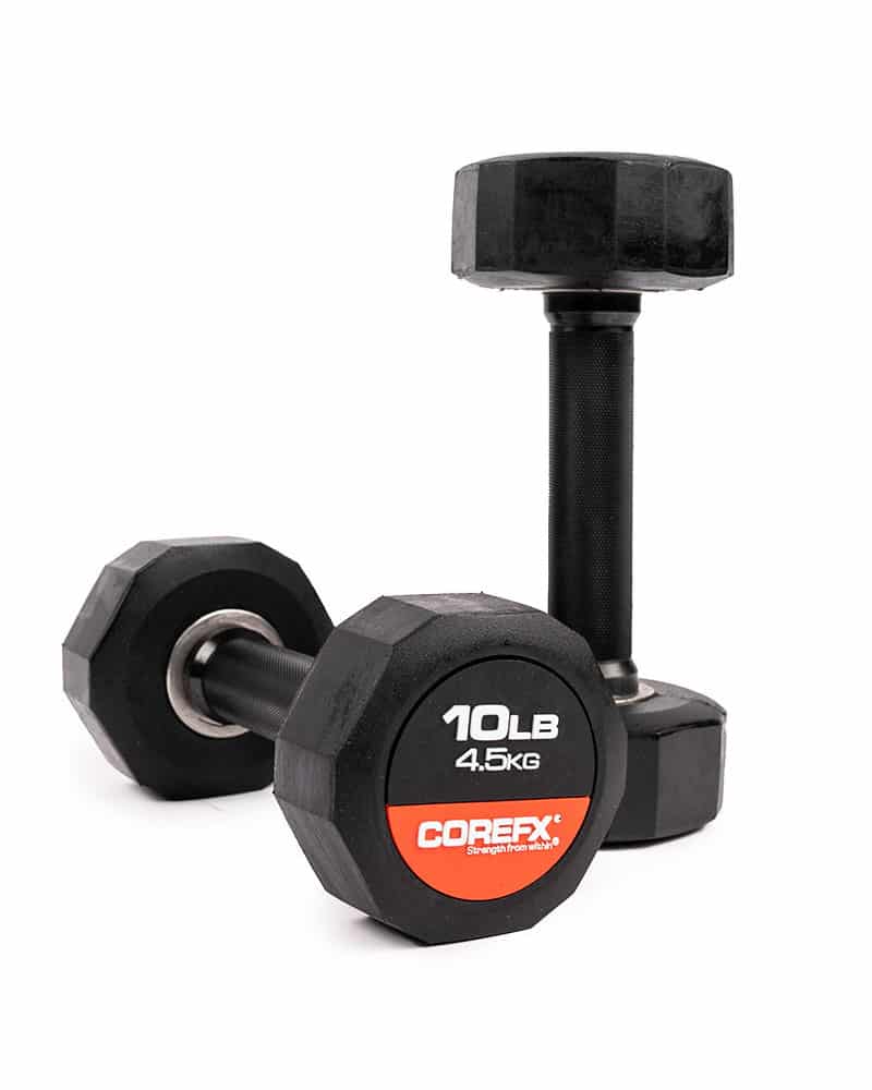 pair of 10 lb rubber dumbbells