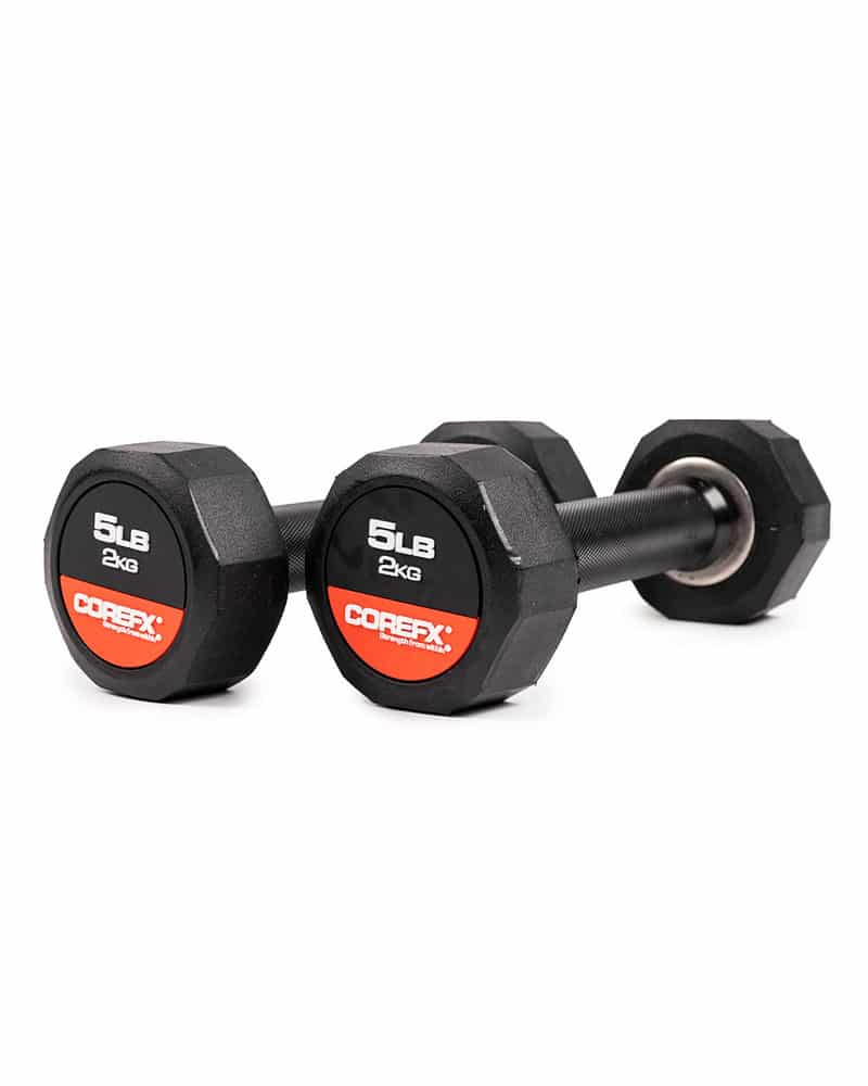 pair of 5 lb rubber dumbbells