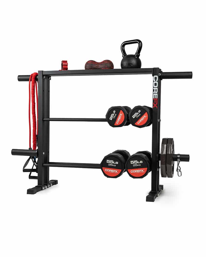 Storage Rack with gym equipment