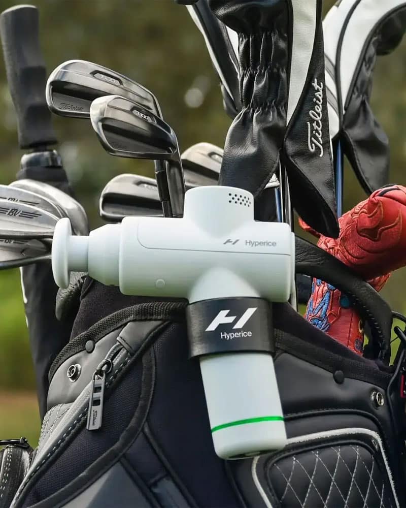 Hypervolt Go 2 in the golf holster in the golf bag