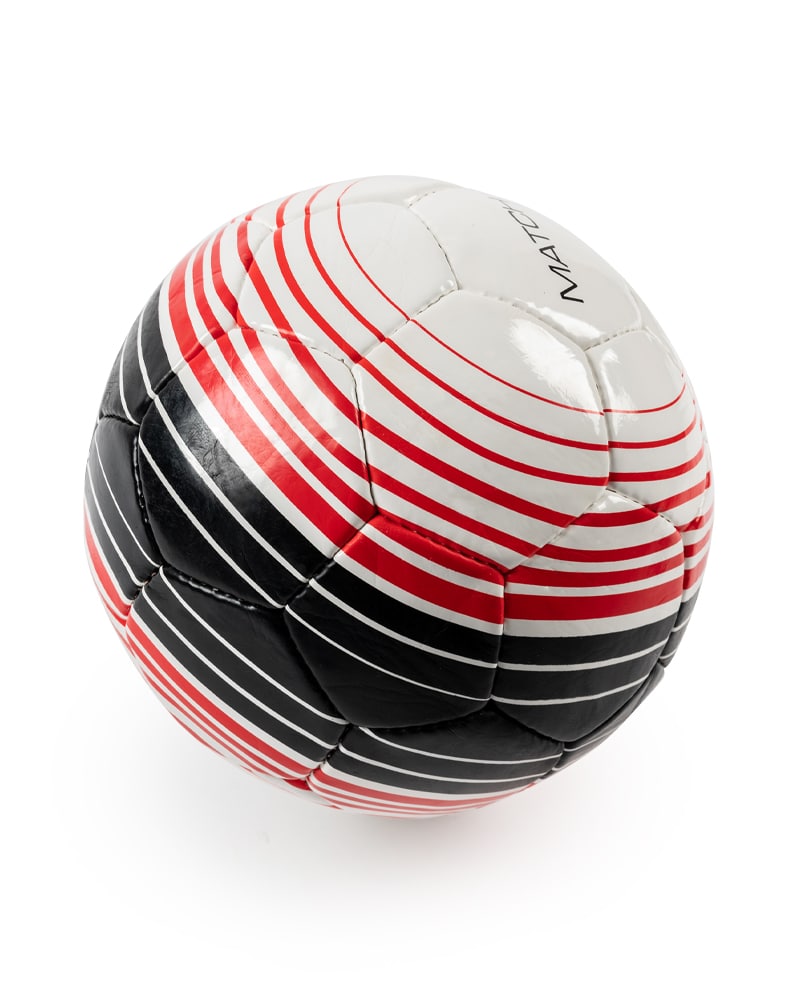 Match soccer ball with red and black stripe design