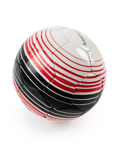Match soccer ball with red and black stripe design