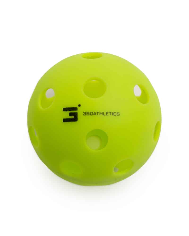 One indoor pickleball in lime green colour with a black 360 Athletics logo