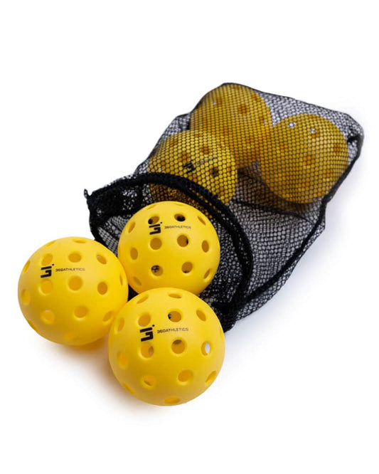 Outdoor pickleball set of 6 yellow wiffle balls inside the mesh carry bag