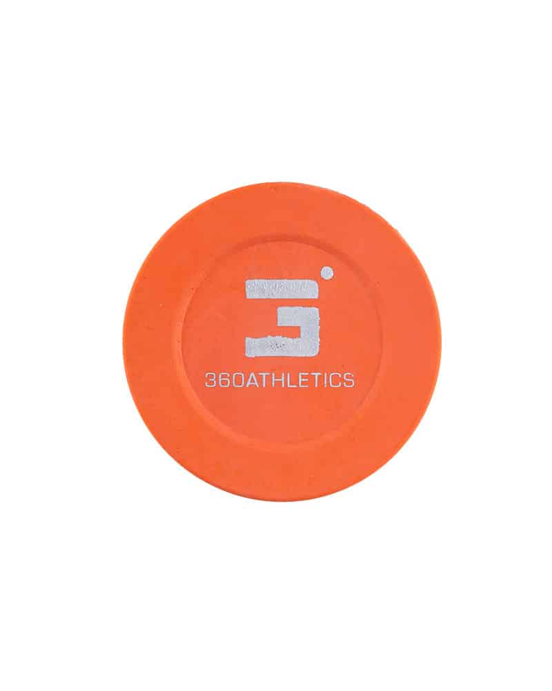 Orange hockey puck with silver 360 athletics logo