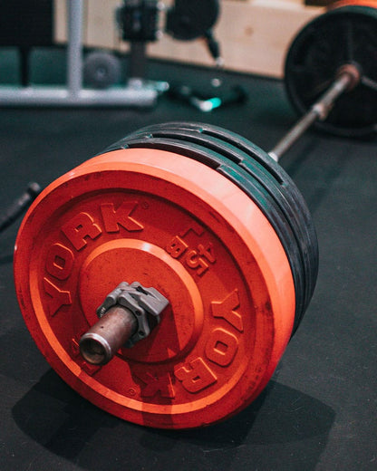 Barbell with loaded rubber coloured bumper plates by York Barbell